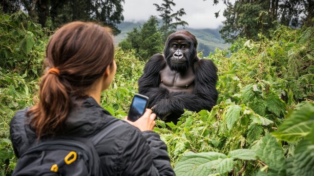 Intimate Moment: Rwandan Couple Observing Mountain Gorillas in Volcanoes National Park