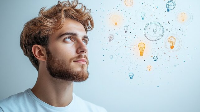 Young Man Imagines Bright Ideas with Floating Light Bulbs in Blue Background