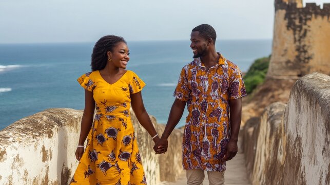 Discovering Ghanaian History: Couple Exploring Cape Coast Castle Hand in Hand with Cultural Significance and Ocean View