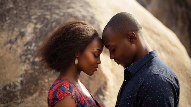 Nigerian Couple Embracing Near Iconic Zuma Rock in Dramatic Landscape - Outdoor Adventure Romance