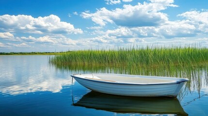 Obraz premium Serene lakeside view with solitary white boat