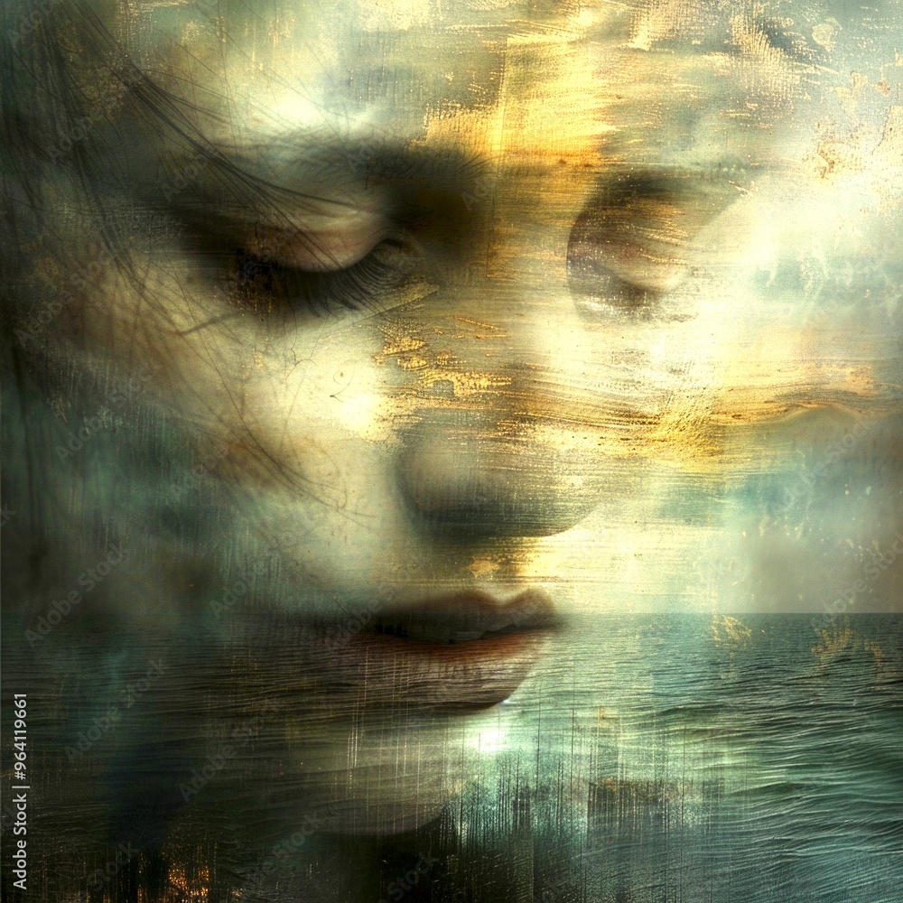 Poster a serene portrait of a woman with soft features blends with abstract waves. the misty atmosphere evo