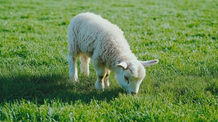 Obraz premium Grazing lamb on vibrant green pasture in sunlight