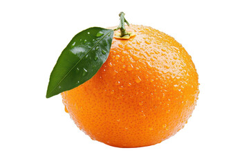 Fresh orange with water droplets and green leaf, perfect for dietary, health, or fruit-related imagery. Vibrant and appealing.