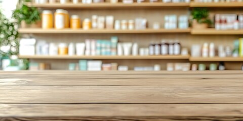 Empty White Marble Countertop with Blurred Pharmacy Drugstore Shelves Background
