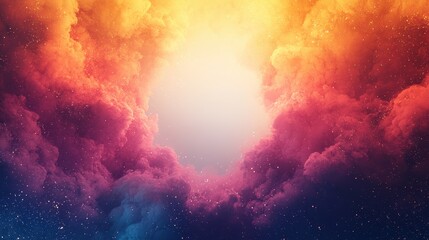 Dynamic background featuring bold pop-style clouds in vibrant hues surrounding a central white blank space