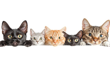 Adorable group of cats of various breeds and colors peeking over a white border, showcasing their curious and captivating expressions.