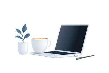 Stylish workspace featuring a laptop, coffee cup, and a plant, perfect for modern home office environments.