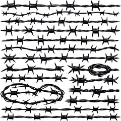 Razor Wire Brutal Prison Fence Collection. Barbed Wire Set Collection In Trendy Minimal Geometric Style