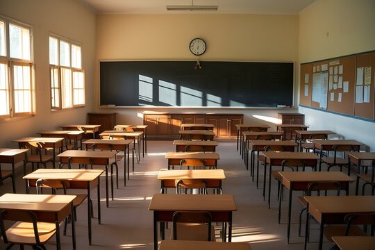 A classroom for students of university. Lecture room or School empty classroom with desks and chair