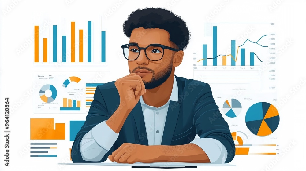 Poster focused businessman analyzing data and charts with optimistic outlook