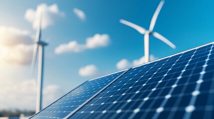 High-tech smart city with renewable energy infrastructure - Solar panels and wind turbines driving urban sustainability