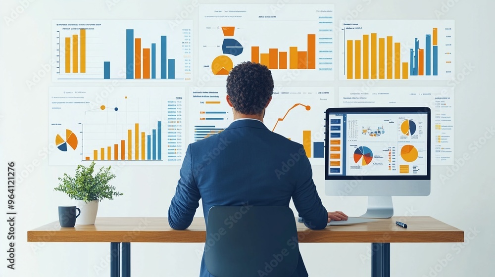 Poster business analyst reviewing graphs and charts in modern office setting on computer
