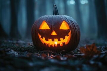 Halloween pumpkin glowing on the ground in a spooky forest