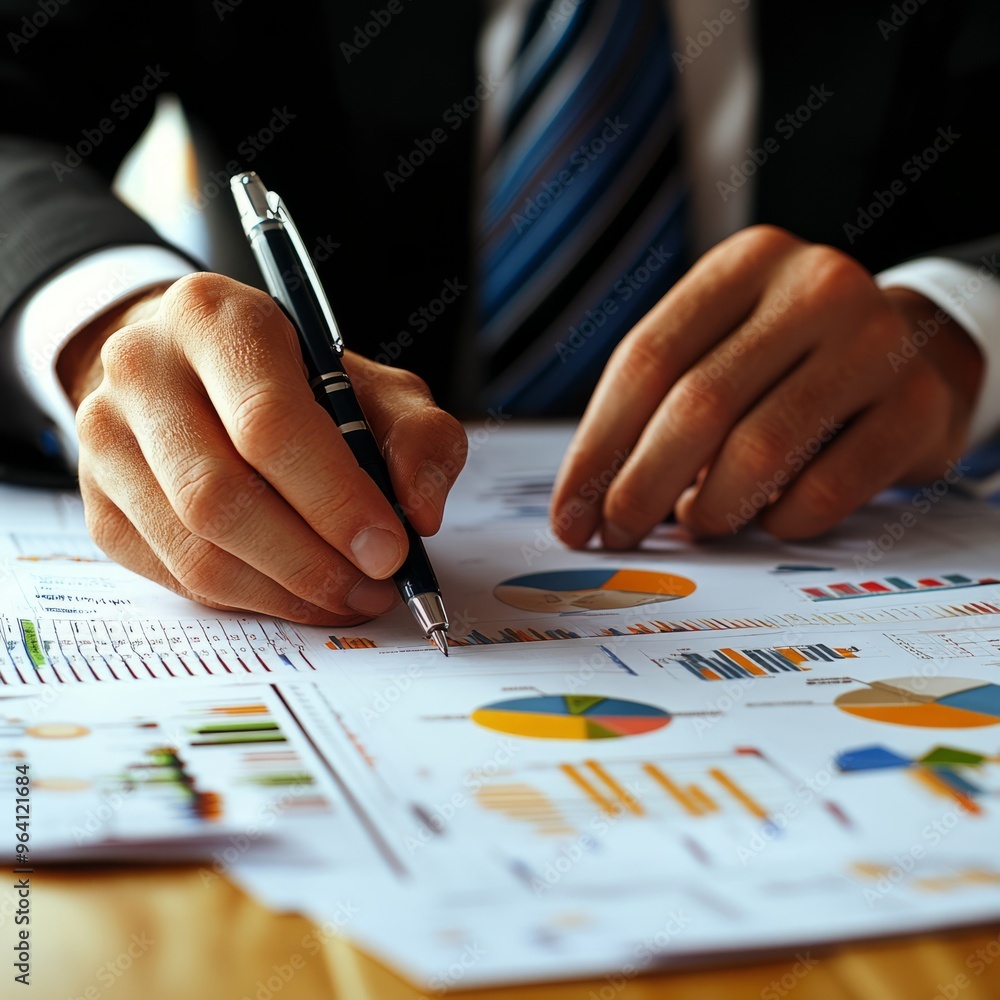 Sticker Businessman analyzing financial data with graphs and charts.