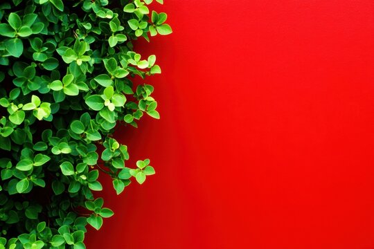 Green leaves vibrant red background for contrast