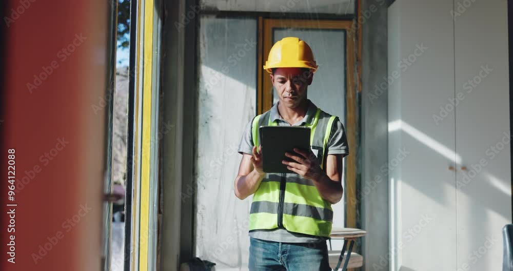 Poster Building, tablet and architecture with man on construction site for project management, property development and inspection. Engineering, technology and digital blueprint with person for update