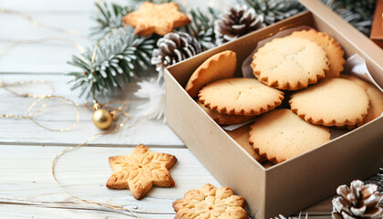 Fototapeta premium Box with tasty cookies and Christmas decor on light wooden table