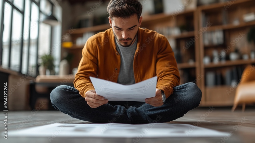 Wall mural serious young man reads documents on the floor in stylish modern room filled with natural light