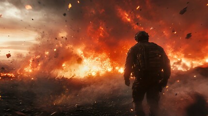 Soldier in the Aftermath of a Fiery Explosion