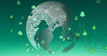 Animation of network of connections with icons over globe on green background