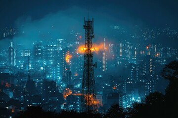 Obraz premium Telecommunication tower dominating night skyline with city lights and fog