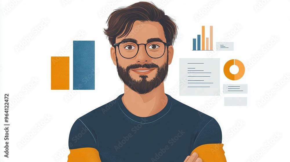 Poster illustration of young man with beard and glasses analyzing data with graphs and charts