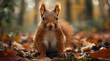 A small brown squirrel is standing on a pile of leaves generative AI