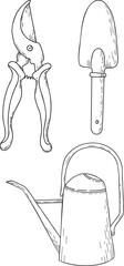 Garden tools linear icons and doodles. Garden rake, garden fork, flower trowel, hand cultivator, pruning shears, watering can, spray bottle, secateurs, bayonet shovel, brush, pitchfork.