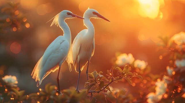 Two white birds are standing on a branch in front of a sunset 
