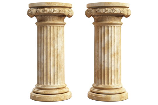 A pair of beautifully crafted classical marble columns, featuring intricate fluted shafts and ornate capitals. 
