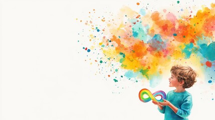 Watercolor illustration of a child with a tablet, sitting near a rainbow infinity sign, surrounded by trees and colorful heart shapes. Autism awareness concept.