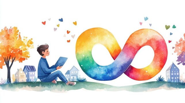 Watercolor illustration of a child with a tablet, sitting near a rainbow infinity sign, surrounded by trees and colorful heart shapes. Autism awareness concept.