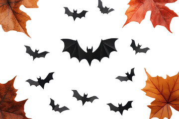 Fototapeta premium Autumn leaves frame flying bats on transparent background. perfect for Halloween decorations or spooky seasonal designs.