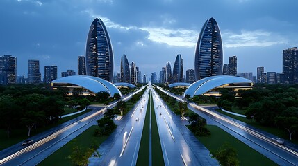 Obraz premium A modern cityscape at dusk with futuristic architecture, highways, and towering skyscrapers.