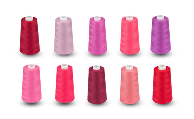 Spool thread collection. Shades of red colors thread isolated. Thread plastic spool. Set collection...