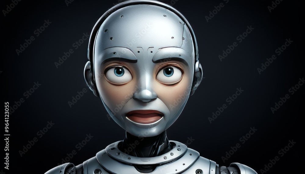 Poster a single robot with a shocked facial expression set against a dark background. the metallic features