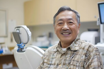 asian senior man smile and look his health teeth in dental clinic