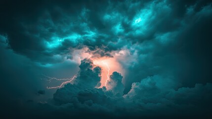 Intense lightning bolt illuminates swirling dark storm clouds, creating a dramatic and powerful atmospheric scene.