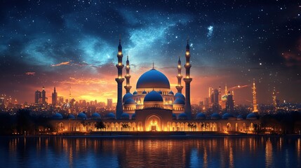 Fototapeta premium islamic celebration card template, with mosque background