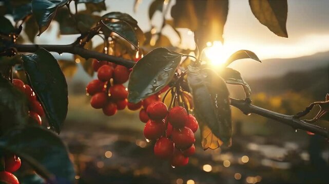 Video recreation of wet coffee beans in a branch of a coffee tree at sunset