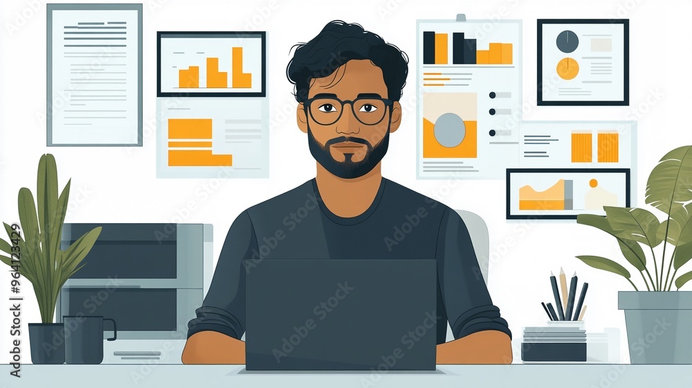 Poster focused professional man working at desk in modern office environment with data charts around