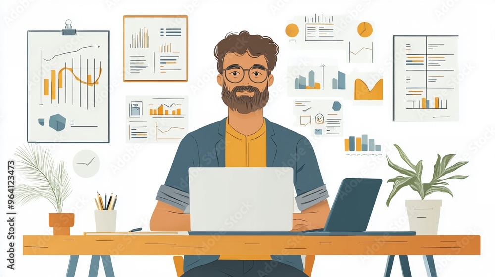 Poster focused professional analyzing data in an office with charts and laptop