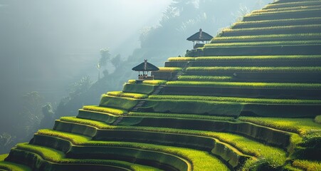 Fototapeta premium Green rice terraces in a mountainous region, with a couple of thatched roof huts on the hillside, surrounded by mist, a stunning example of agriculture in a beautiful landscape.
