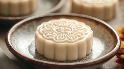 A close-up of a lotus seed paste mooncake placed on a ceramic plate with soft lighting highlighting its delicate design, capturing the elegance of traditional Chinese Mid-Autumn Festival treats.