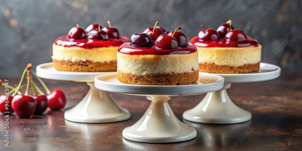 Poster Single serving cherry cheesecakes displayed on a elegant cakestand