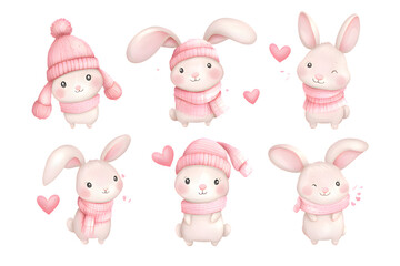 Cute adorable rabbit bunny collection with warm hat and scarf  isolated on transparent background