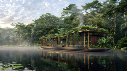 Obraz premium A floating research station in the Amazon rainforest canopy and powered by biofuel from local plants 
