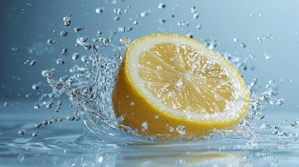 Yellow lemon water splash with dynamic movement on a light blue background, with ample copy space for text and branding.