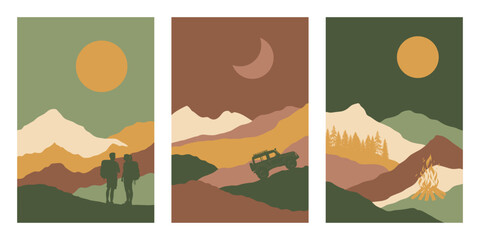 Hiking posters, travel adventure postcard with mountains, sun and moon. Travel concept of discovering, exploring, observing nature. Adventure. Minimalist graphic. Travelers, 4x4 auto, bonfire